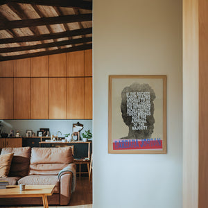 Barbara Jordan Texas art print by Betsy Crum — framed in a wood-accent room