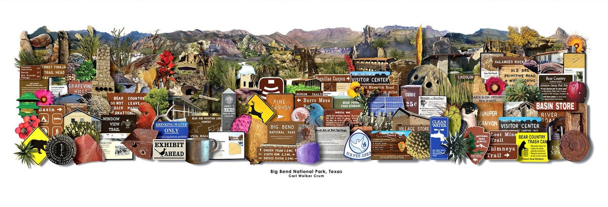 Big Bend National Park photomontage 12x36 panoramic art print by Carl Crum — park signs and desert landmarks, hand-signed