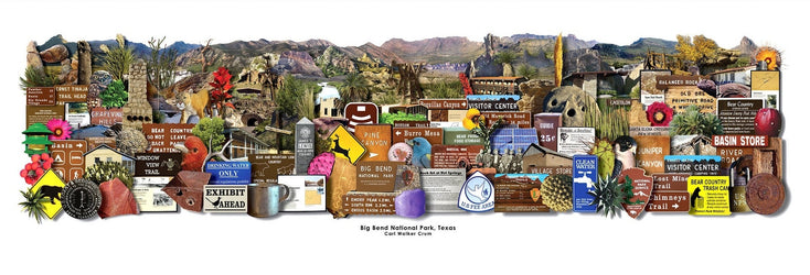 Big Bend National Park photomontage 12x36 panoramic art print by Carl Crum — park signs and desert landmarks, hand-signed