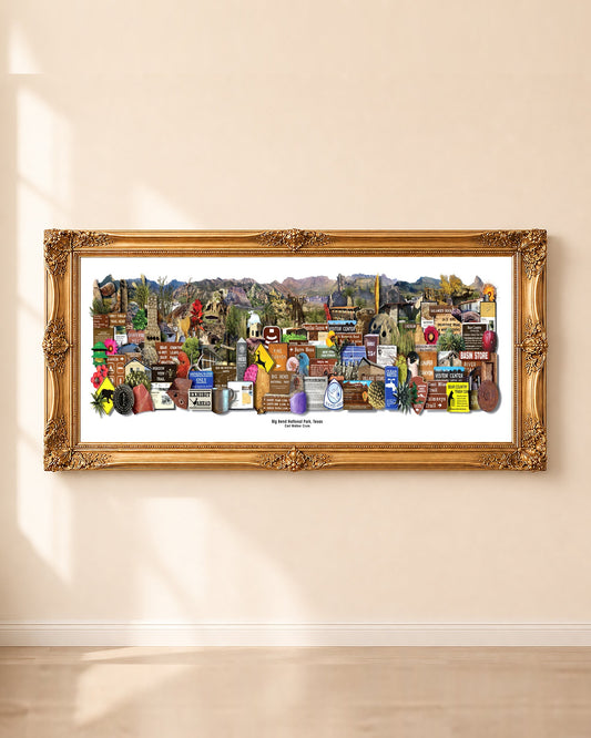 Big Bend National Park photomontage art print by Carl Crum in a gold frame