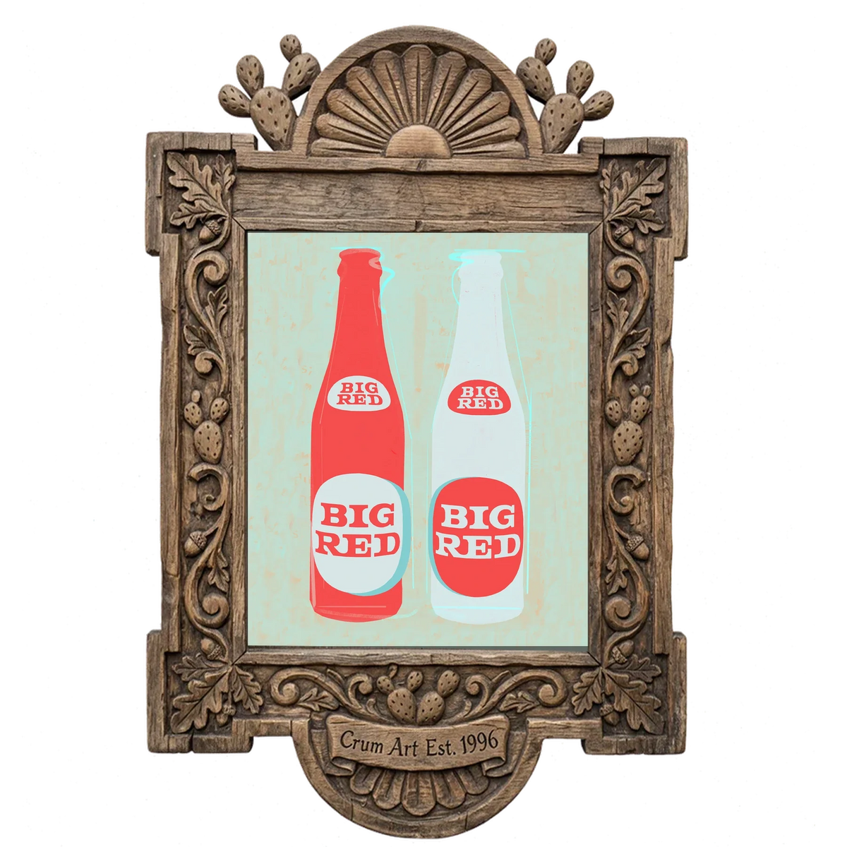 Big Red Two Bottles — kitchen art print by Betsy Crum in a carved wood frame