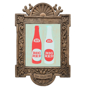 Big Red Two Bottles — kitchen art print by Betsy Crum in a carved wood frame