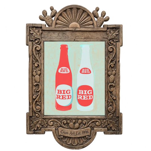 Big Red Two Bottles — kitchen art print by Betsy Crum in a carved wood frame
