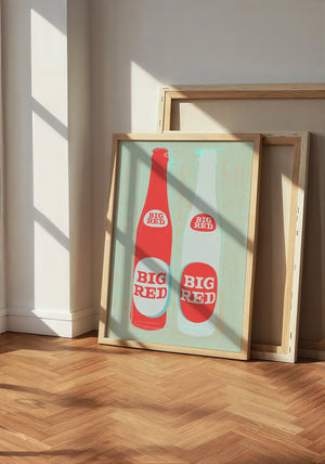 Big Red Two Bottles kitchen print by Betsy Crum — neutral frame room mockup