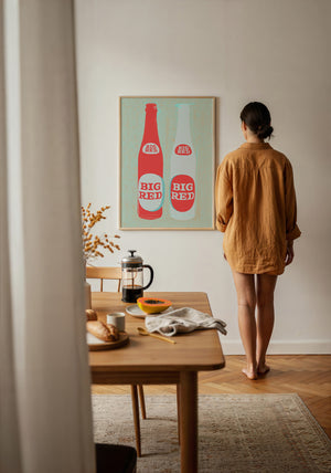 Big Red Two Bottles kitchen print by Betsy Crum — framed with velvet mat