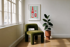 Big Red Two Bottles kitchen print by Betsy Crum — framed with velvet mat
