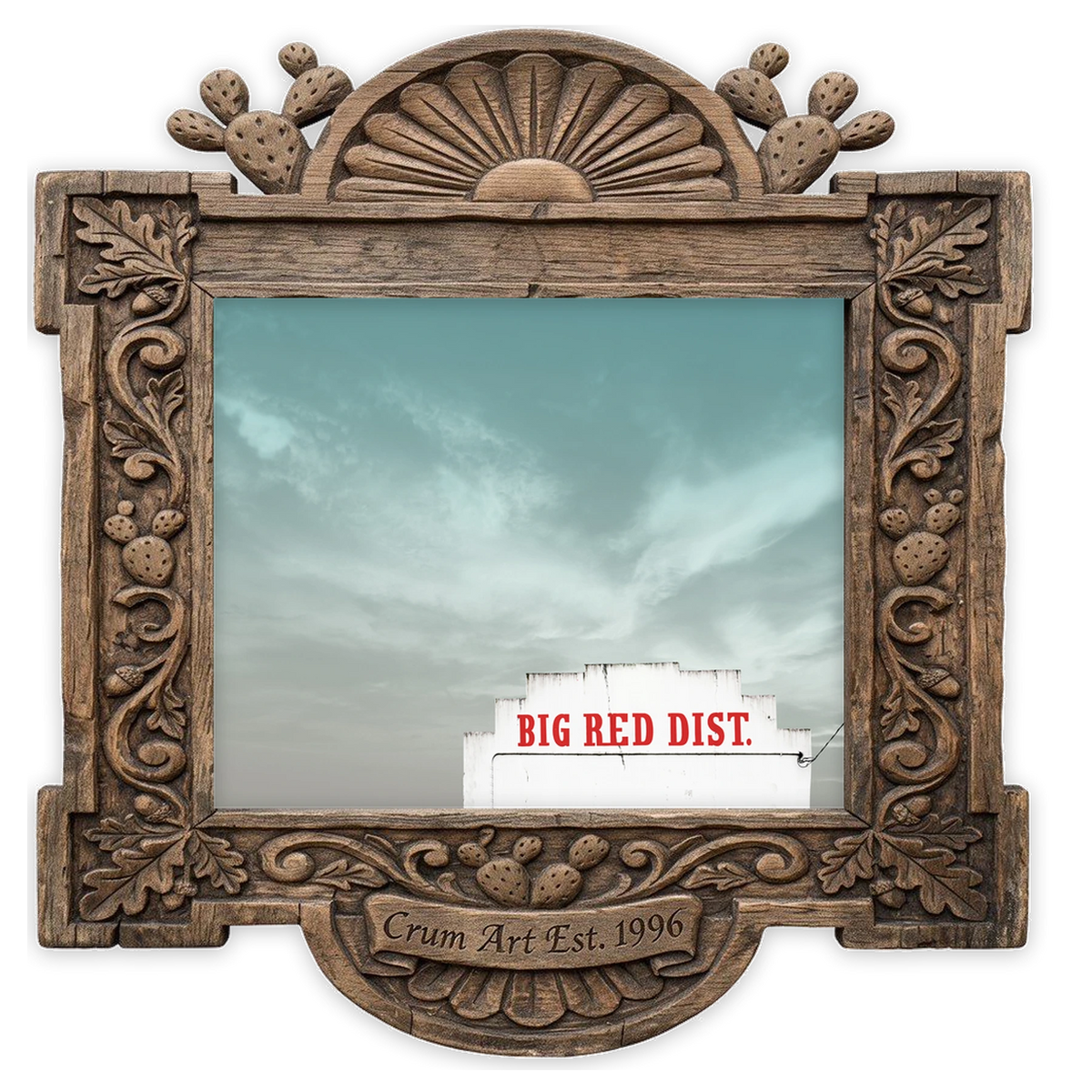 Big Red Building Big Sky — Waco art print by Betsy Crum in a horizontal carved wood frame