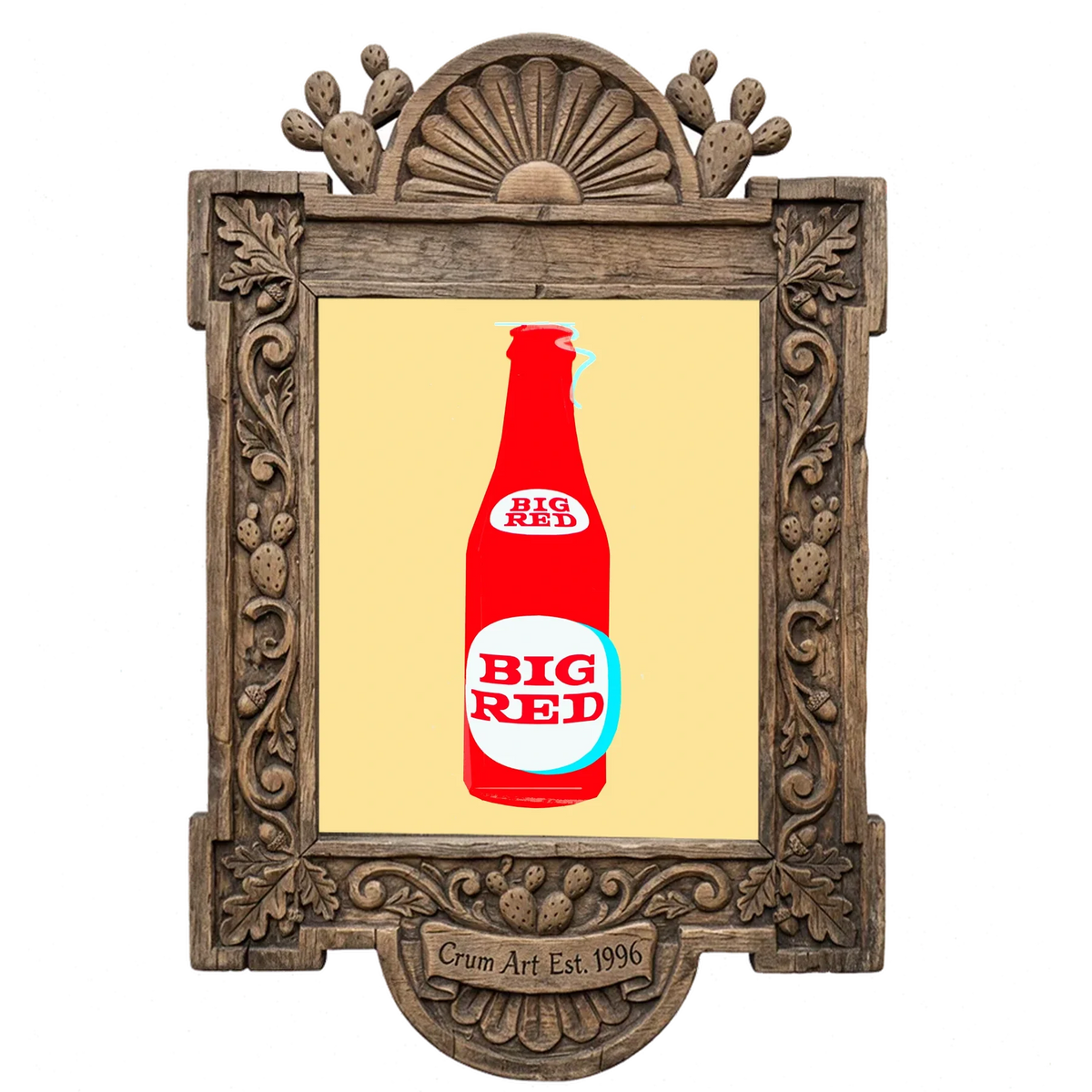 Big Red Bottle Yellow — kitchen art print by Betsy Crum in a carved wood frame