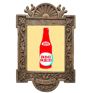 Big Red Bottle Yellow — kitchen art print by Betsy Crum in a carved wood frame