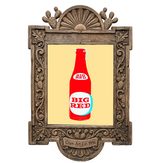 Big Red Bottle Yellow — kitchen art print by Betsy Crum in a carved wood frame