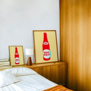 Big Red Warhol Grid kitchen print by Betsy Crum — framed in a wood-accent room
