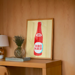 Big Red Warhol Grid kitchen print by Betsy Crum — framed in a wood-accent room