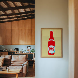 Big Red Warhol Grid kitchen print by Betsy Crum — framed in a wood-accent room