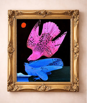 Pink & Blue Birds at Night — art print by Caya Crum in a gold frame