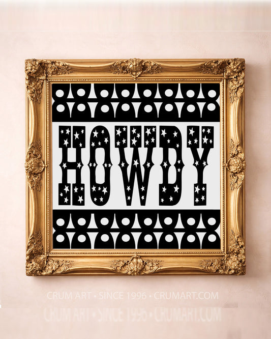 Howdy Print Minimalist B&W in a gold frame by Betsy Crum — square Texas wall art available at crumart.com. This museum quality print is made right here in Texas.