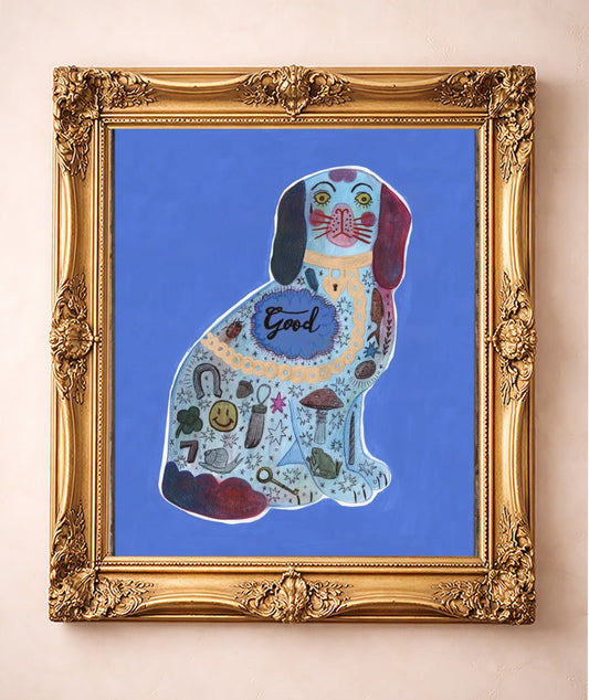 Blue Staffordshire Good Dog Print — art print by Caya Crum in a gold frame