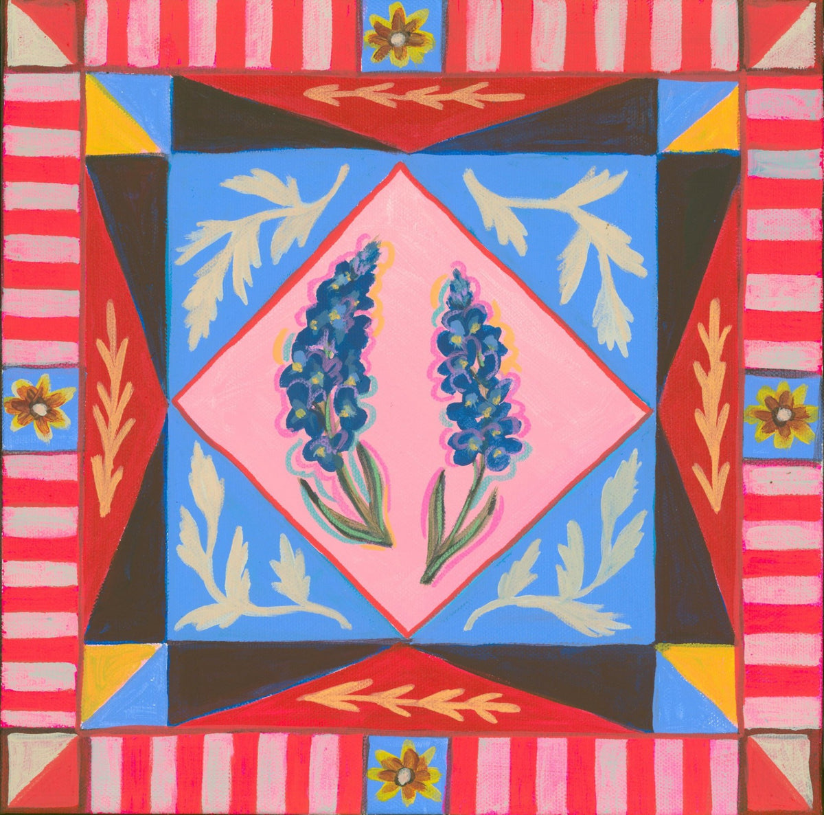 Bluebonnet Quilt Square, original painting by Caya Crum — two bluebonnets in a pink diamond inside a red, pink and blue quilt block, 12 x 12 inches