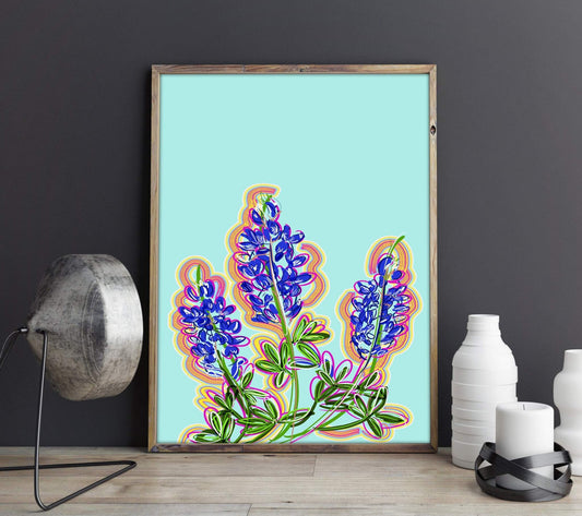 Bluebonnet art print by CrumArt. Texas Blue Bluebonnet Art  print by Betsy Crum featuring colorful bluebonnet flowers on a light blue background in a wooden frame.