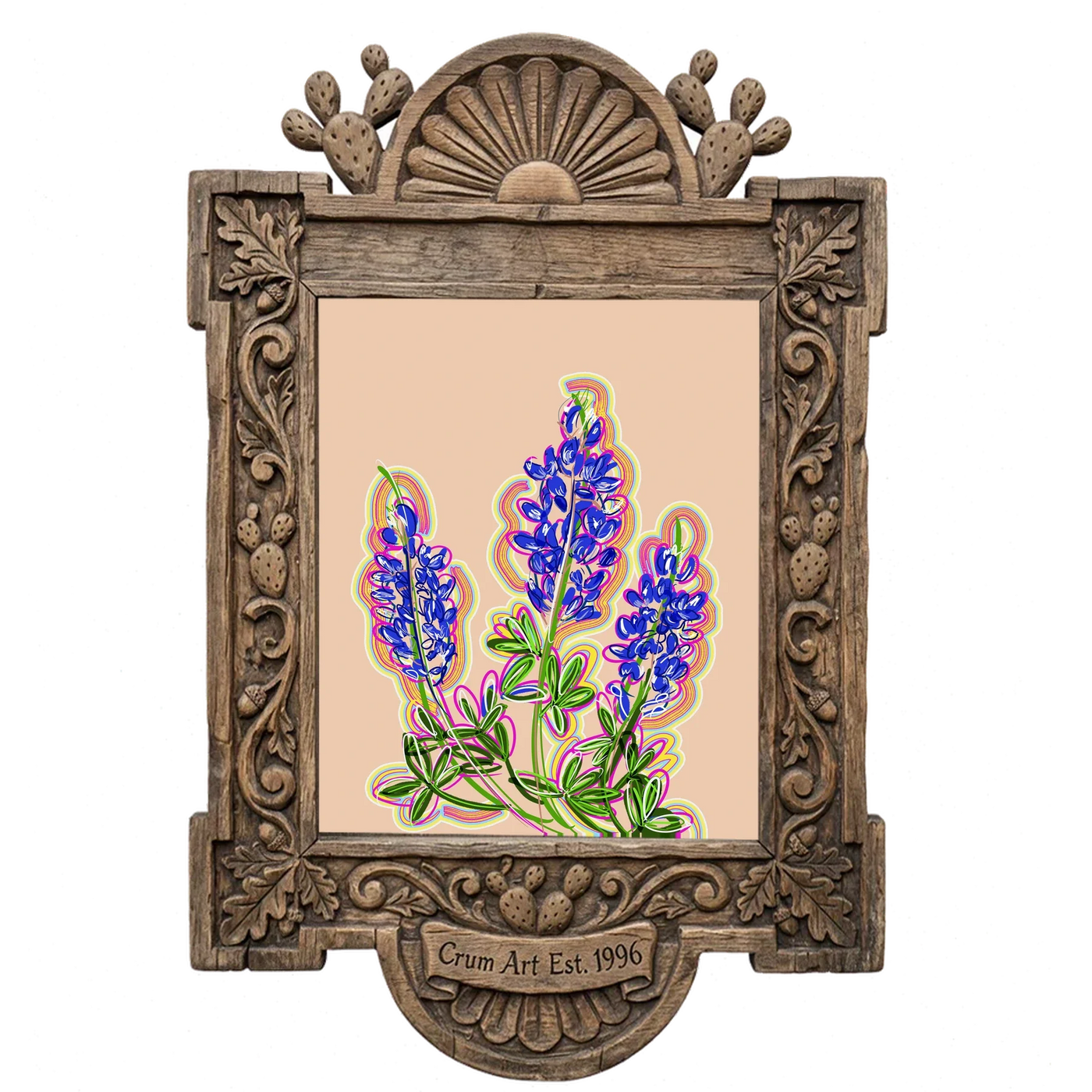 Pink Texas — bluebonnet painting as an art print by Betsy Crum in a carved wood frame