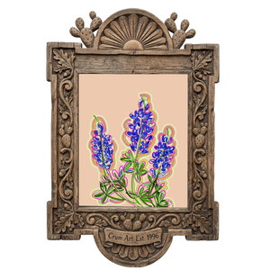 Pink Texas — bluebonnet painting as an art print by Betsy Crum in a carved wood frame