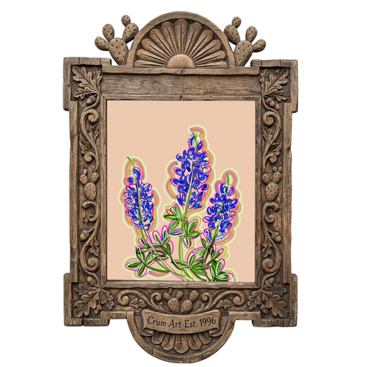 Pink Texas — bluebonnet painting as an art print by Betsy Crum in a carved wood frame