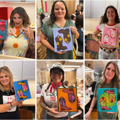 Boot Painting Workshop — ten painters showing off their finished cowboy boot canvases