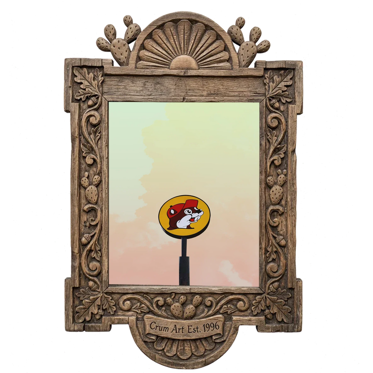 Buc-ee's Under a Big Sky — Texas art print by Betsy Crum in a carved wood frame