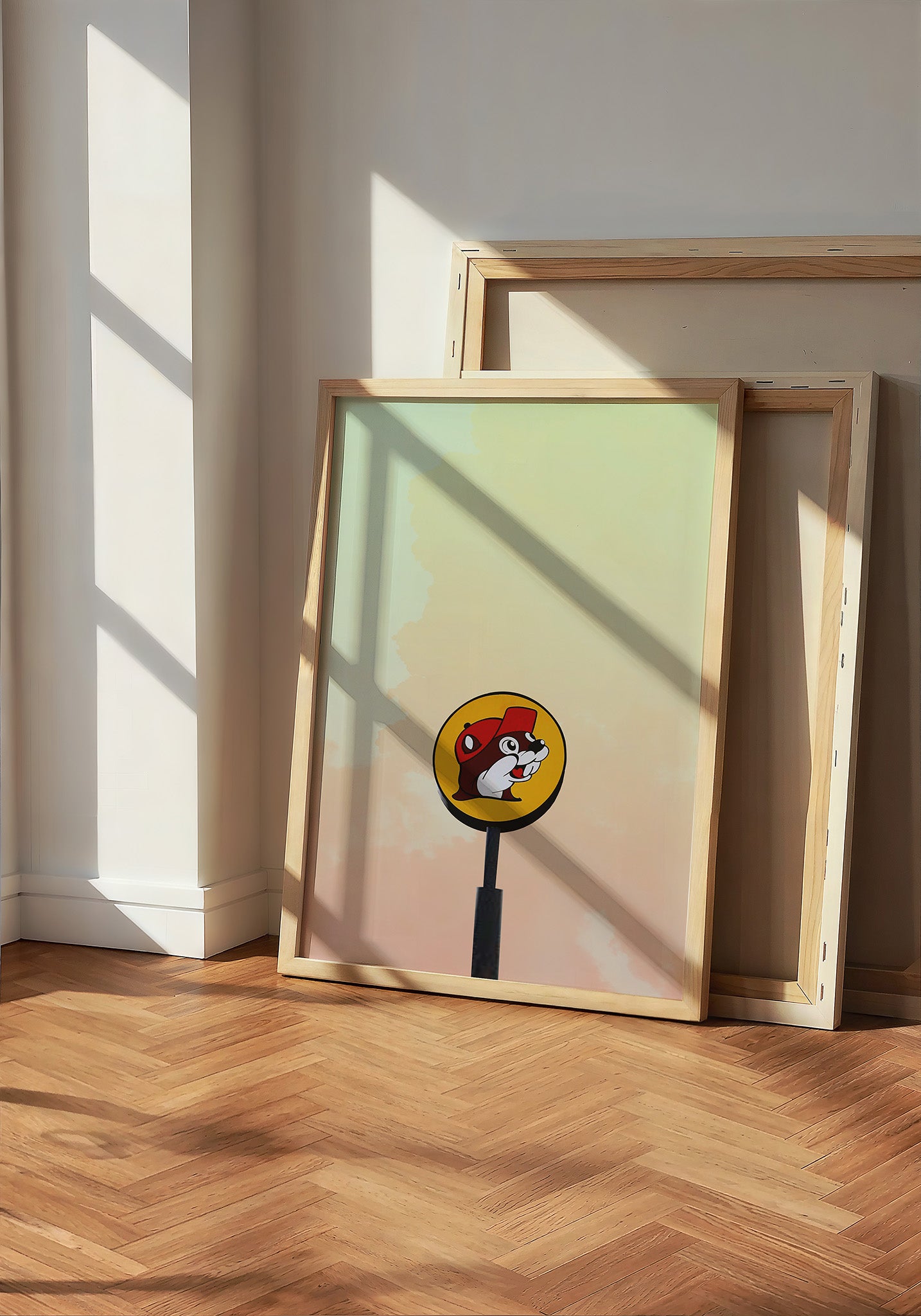 Buc-ee's Under a Big Sky Texas art print by Betsy Crum — neutral frame room mockup