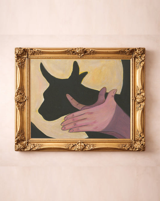Bull Shadow Puppet cow art print by Caya Crum — in a gold frame