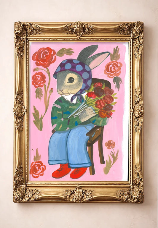 Bunny with Flowers by Caya Crum in a gold frame