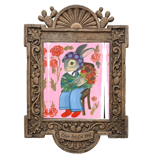 Bunny with Flowers by Caya Crum in a carved wood frame