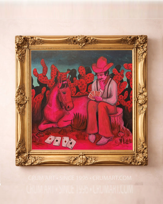 Card Player With Horse Hot Pink art print in a gold frame by Caya Crum — square cowboy art from Crum Art, available at crumart.com. This museum quality print is made right here in Texas.