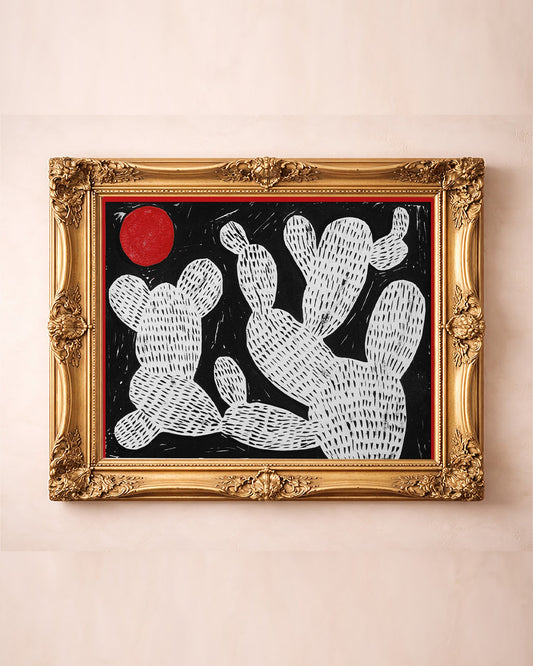 Cosmic Prickly Pear Red Moon cactus art print by Caya Crum — in a gold frame