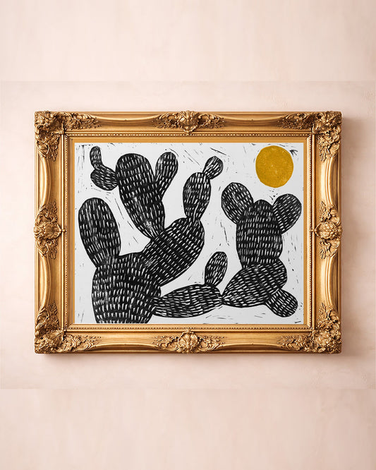 Cosmic Prickly Pear Yellow Sun cactus art print by Caya Crum — in a gold frame