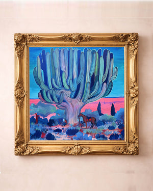 Psychedelic saguaro cactus art print by Caya Crum, cowboy and horse in a hot pink and blue desert