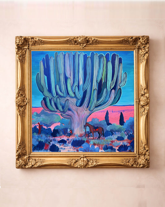 Psychedelic saguaro cactus art print by Caya Crum, cowboy and horse in a hot pink and blue desert