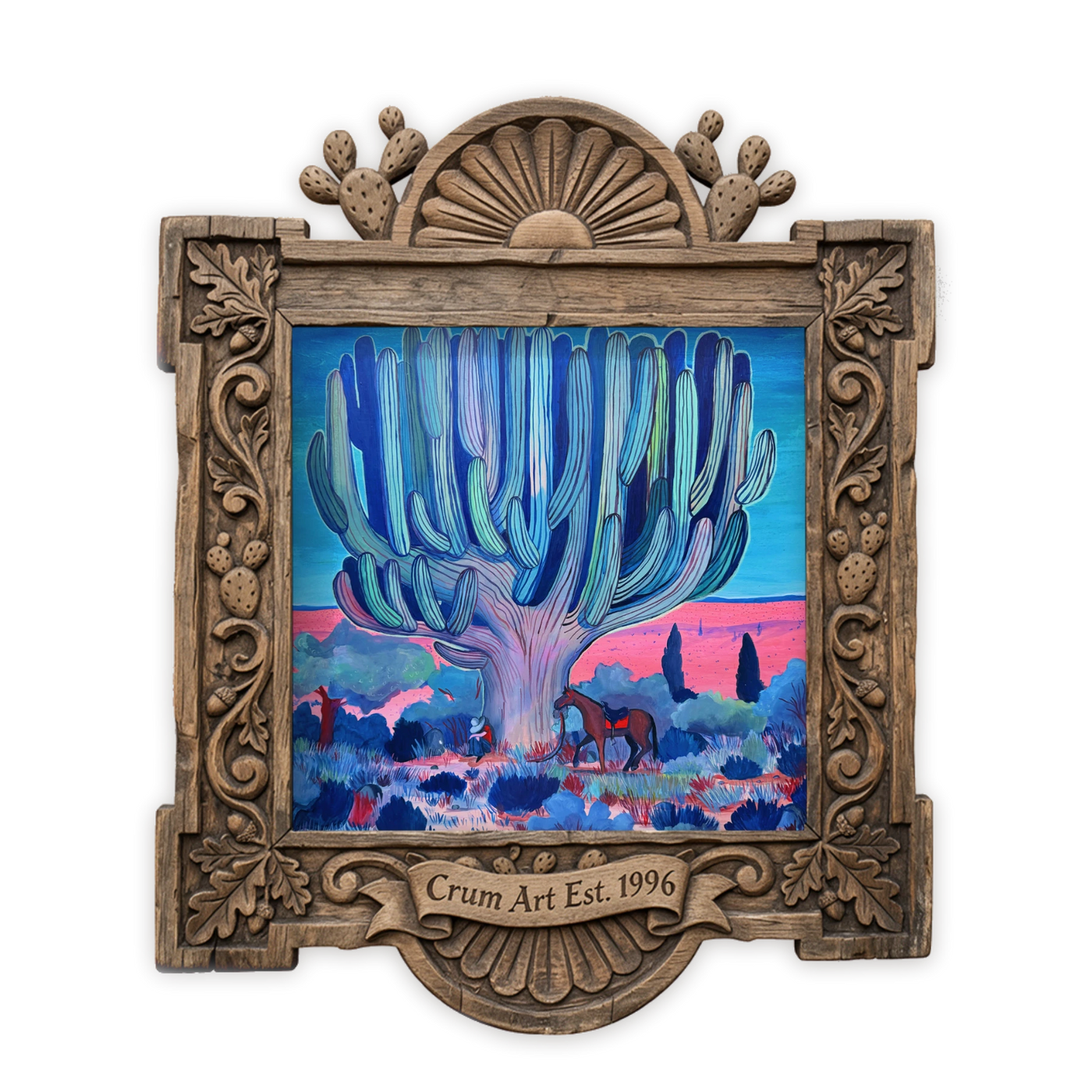 Cosmic Saguaro Cowboy Psychedelic Pink — art print by Caya Crum in a carved wood frame
