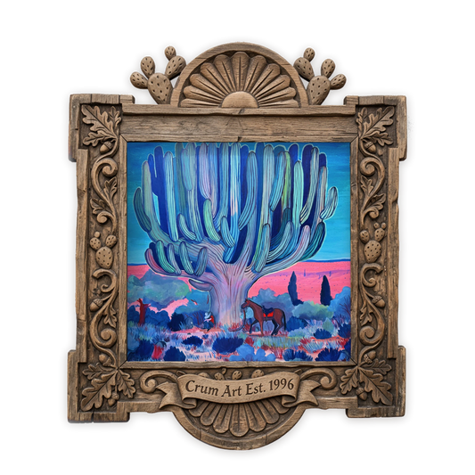 Cosmic Saguaro Cowboy Psychedelic Pink — art print by Caya Crum in a carved wood frame