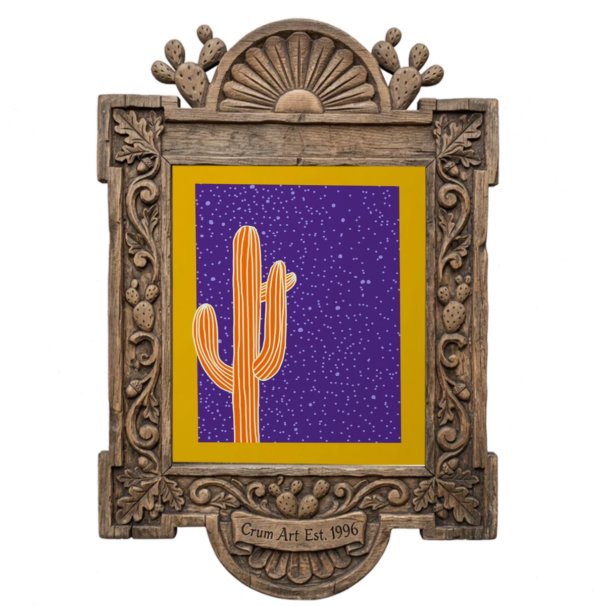 Cosmic Saguaro Yellow — art print by Caya Crum in a carved wood frame