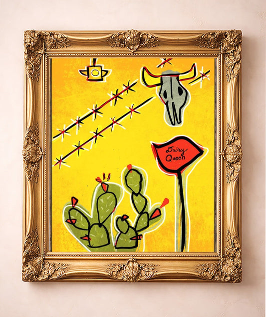 Dairy Queen Prickly Pear & Cow Skull — art print by Betsy Crum in a gold frame