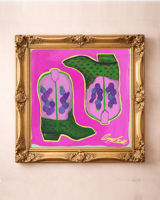 Prickly pear cowboy boots art print by Caya Crum in a square gold frame, purple and green western art
