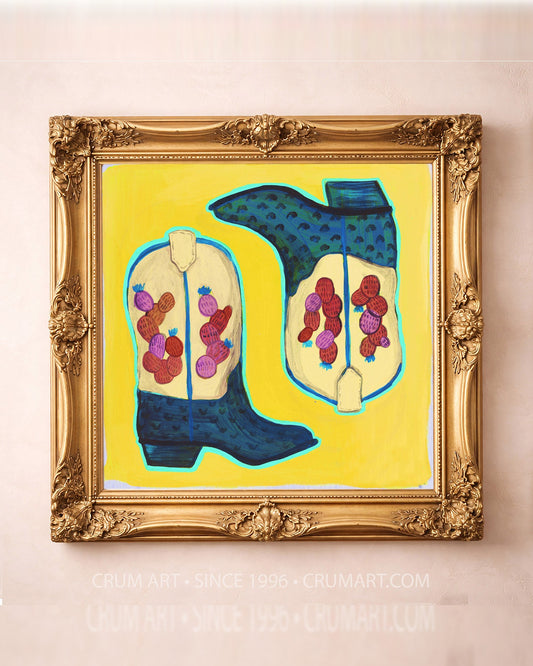 Prickly Pear Cowboy Boots Yellow art print in a gold frame by Caya Crum — square cactus art from Crum Art, available at crumart.com. This museum quality print is made right here in Texas.