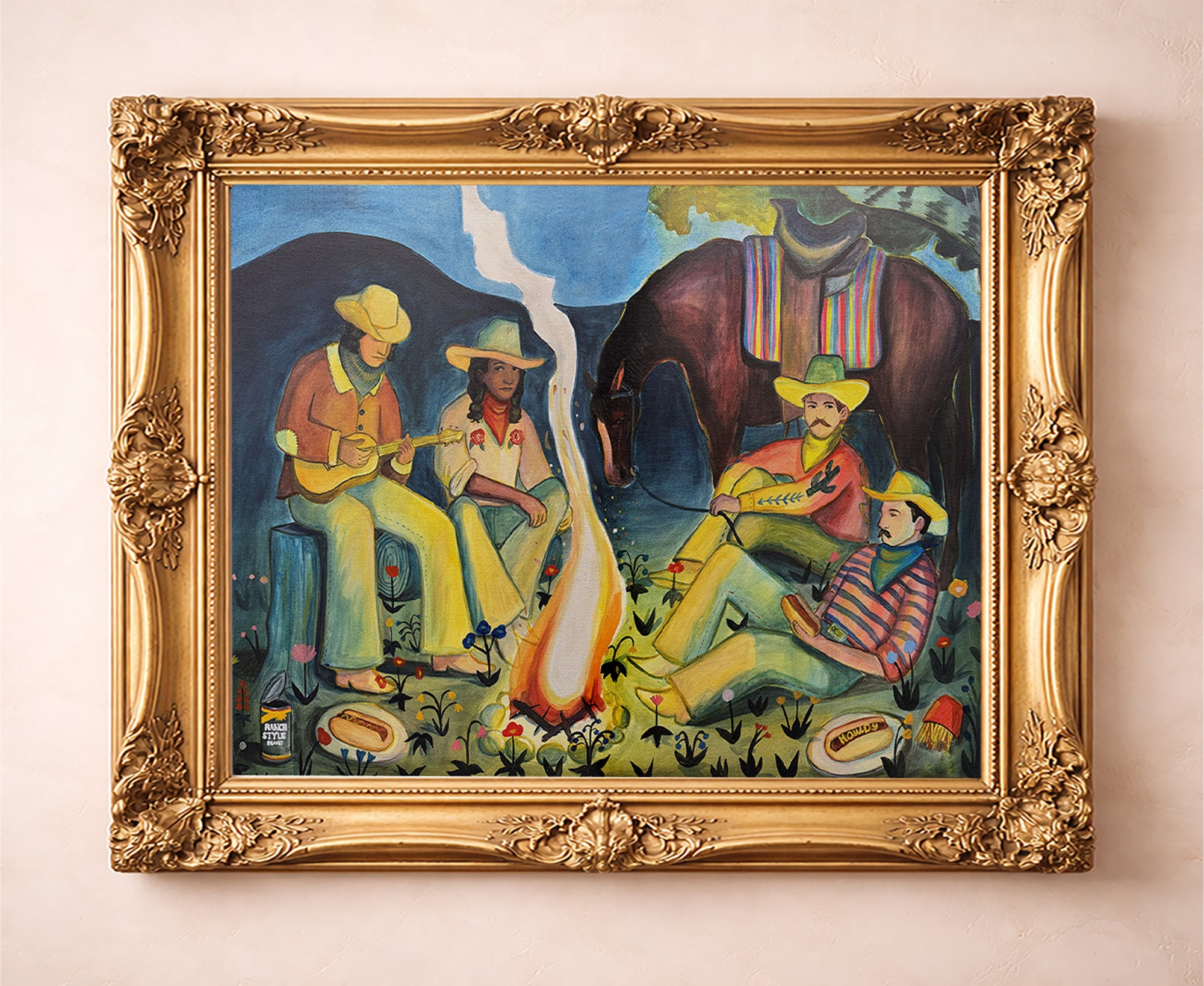 Campfire cowboy and cowgirl night sky art by Caya Crum in a gold frame — western art