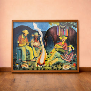 Campfire western art by Caya Crum framed in a lived-in room