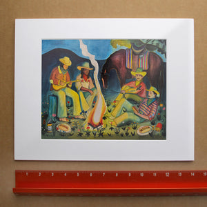 Campfire cowboys under the night sky art by Caya Crum, matted print