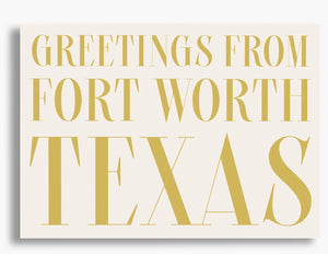 Greetings from Fort Worth Texas card in raised gold foil by Crum Art, front