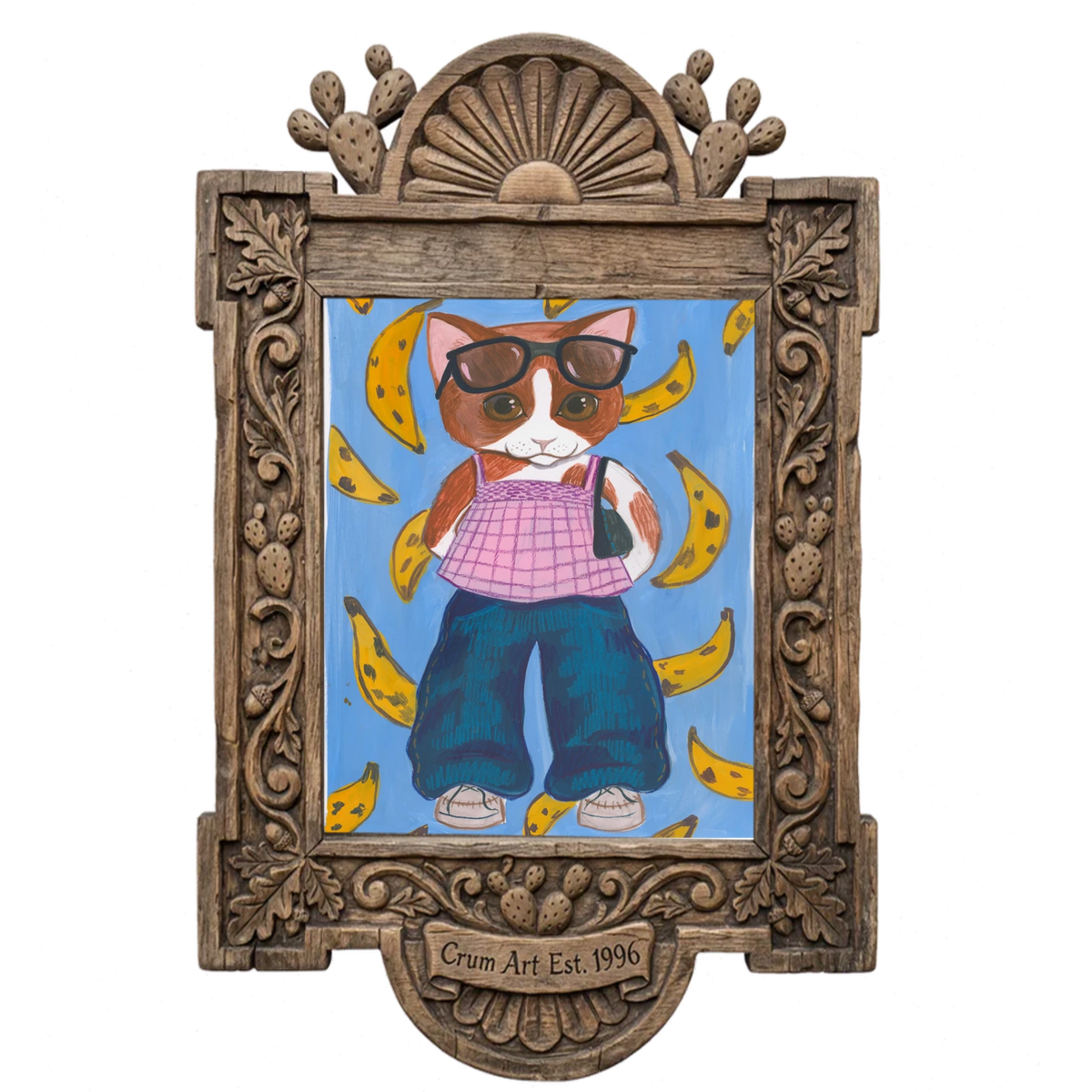 Banana Kitty — art print by Caya Crum in a carved wood frame