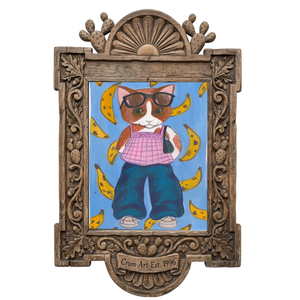 Banana Kitty — art print by Caya Crum in a carved wood frame