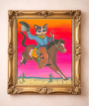 Cat Cowboy Bronco — art print by Caya Crum in a gold frame