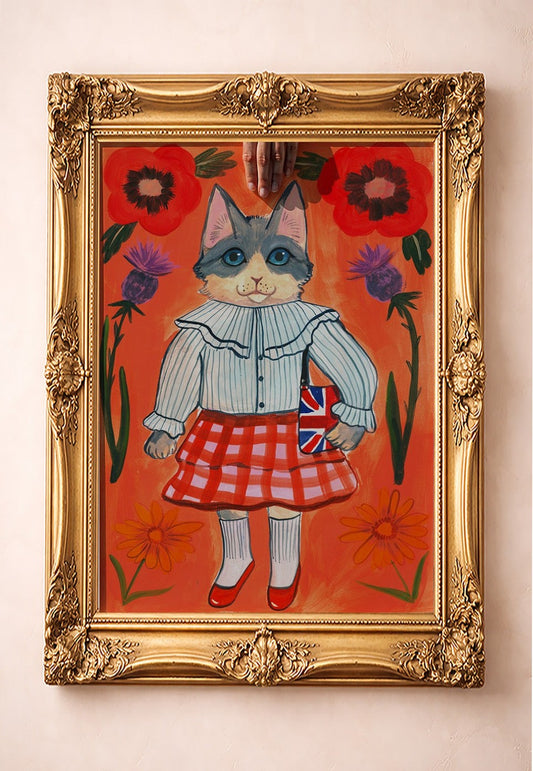 English Schoolgirl Cat — art print by Caya Crum in a gold frame